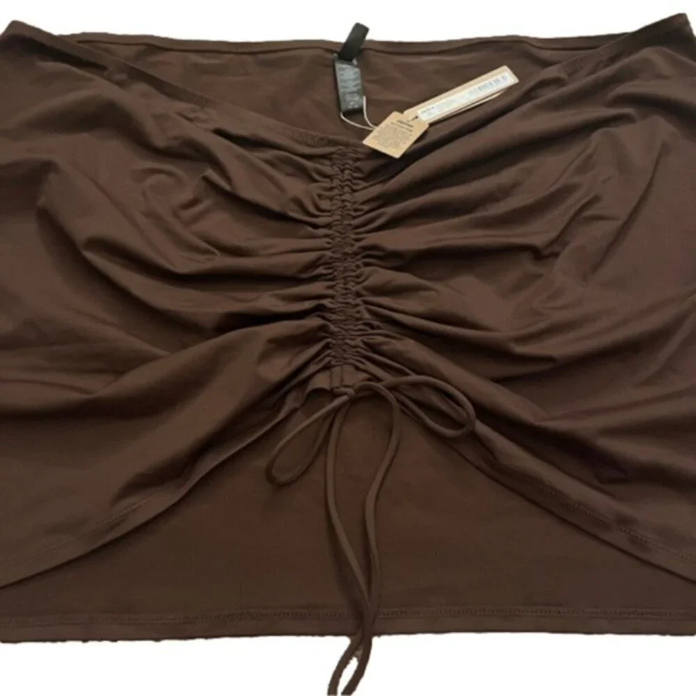 NWT SKIMS Ruched Mini Skirt In Cocoa Brown Drawstring Front Plus Size 4X MSRP 54